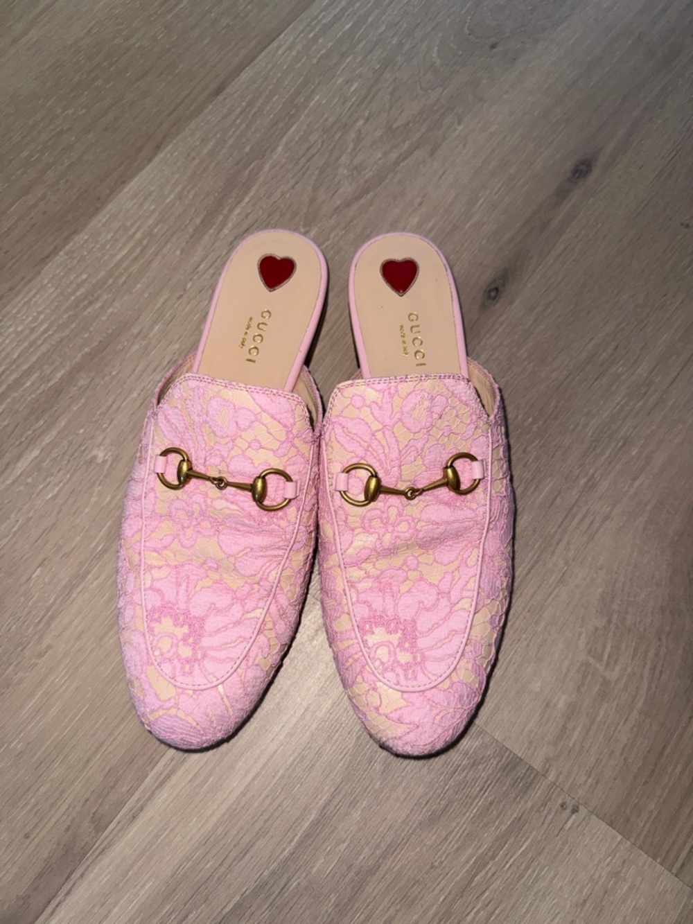 Gucci Pink Lace Horsebit Backless Mules